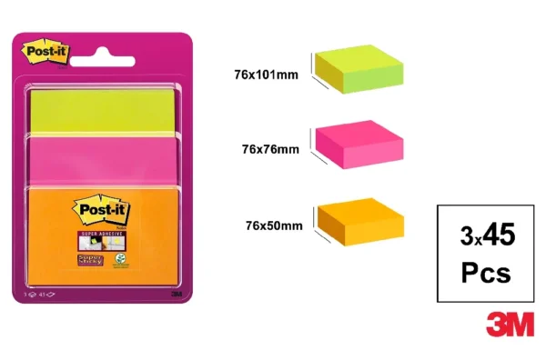 POST-IT NOTES SUPER STICKY 3 BLOCKS x 45