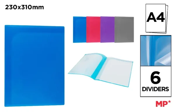 A4 POLYPROPYLENE FOLDER WITH DIVIDERS.