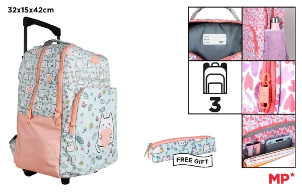 SCHOOL BACKPACK WITH TROLLEY AND WHEELS.