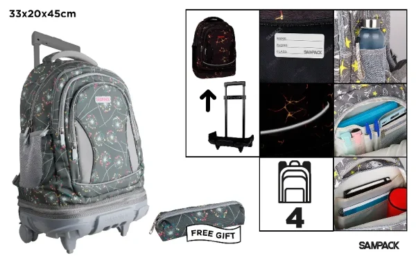 SCHOOL BACKPACK WITH TROLLEY AND WHEELS.