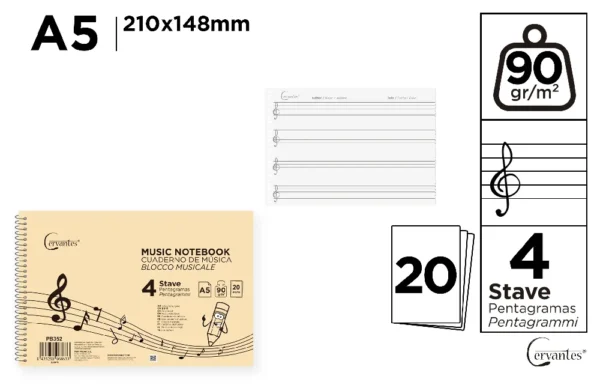 MUSIC NOTEBOOK, 4 STAVES A5 20 SHEETS 90