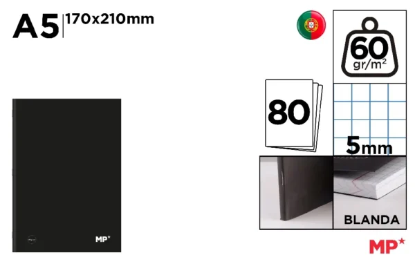 NOTEBOOK BLACK COVER A5 80 PAPERS 60 g/m