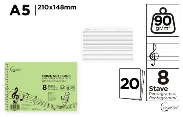 MUSIC NOTEBOOK, 8 STAVES A5 20 SHEETS 90