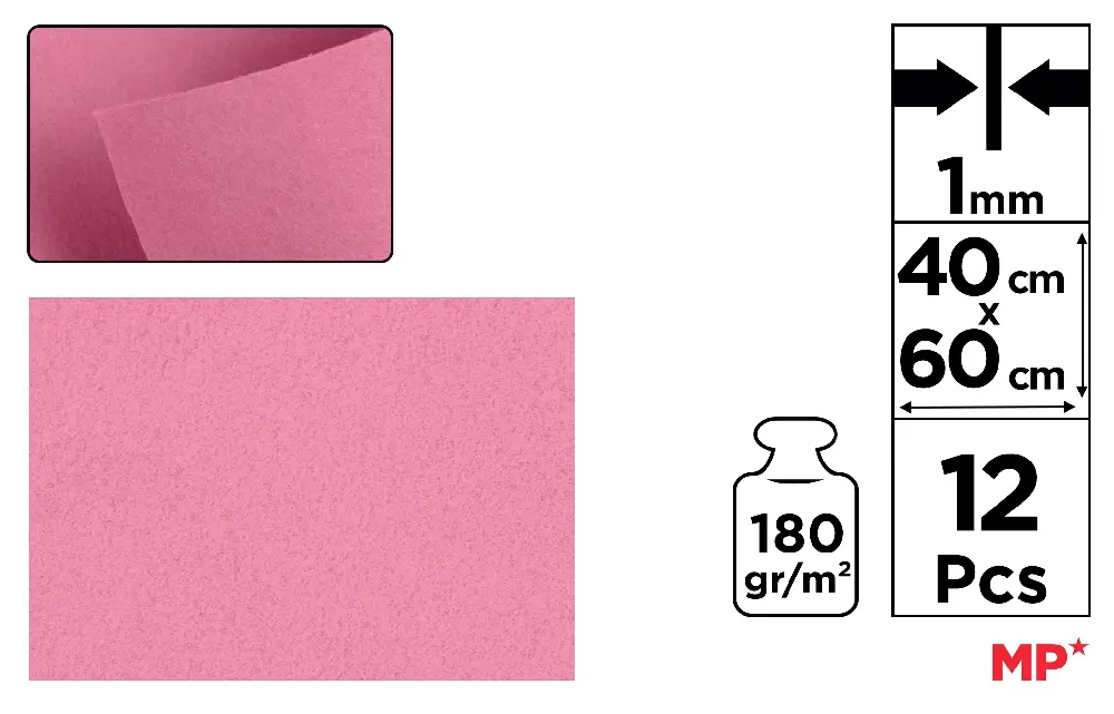 COLOURED FELT 40 x 60 cm 180 g/m² 12 u.