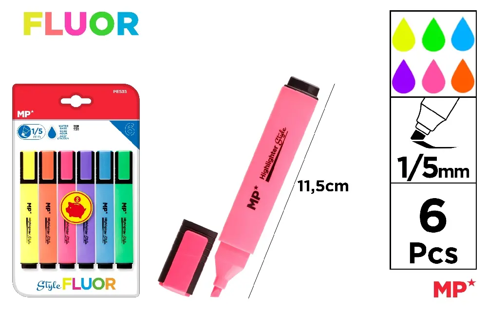 FLUORESCENTE MARKER PACK 6 UNITS.