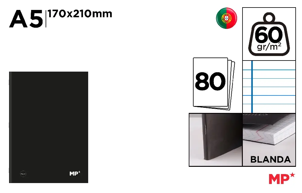 NOTEBOOK BLACK COVER A5 80 SHEETS 60 g/m