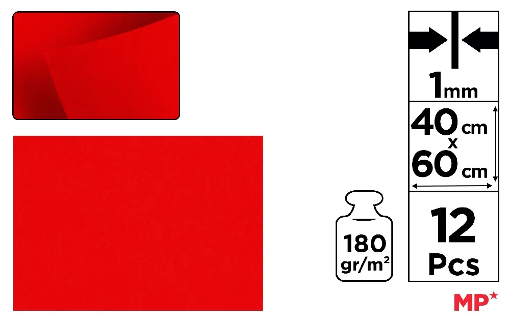 COLOURED FELT 40 x 60 cm 180 g/m² 12 u.
