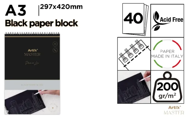 DRAWING BLOCK A3 40 SHEETS 200 g/m² BLAC