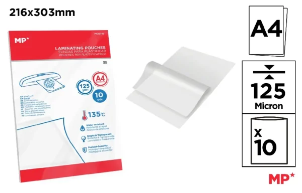 A4 LAMINATING POUCHES 125 MICRONS.