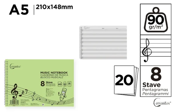 MUSIC NOTEBOOK, 8 STAVES A5 20 SHEETS 90