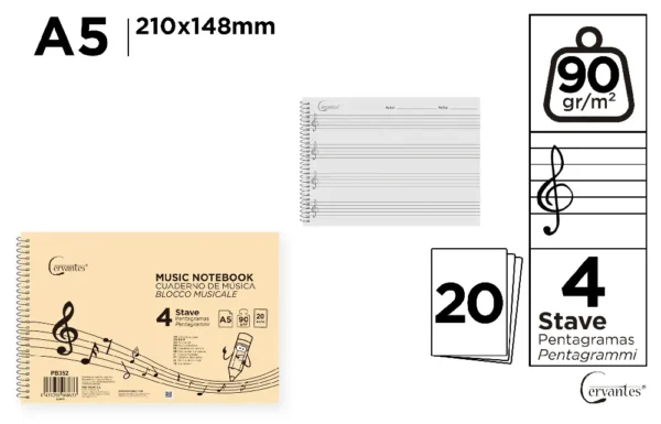 MUSIC NOTEBOOK, 4 STAVES A5 20 SHEETS 90