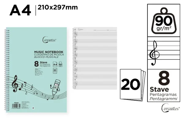 MUSIC NOTEBOOK, 4 STAVES A4 20 SHEETS 90