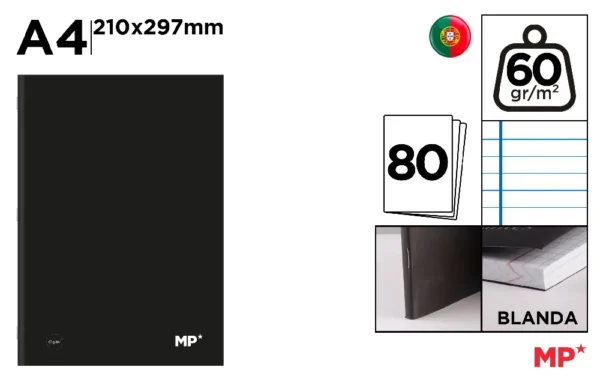 NOTEBOOK BLACK COVER A4 60 g/m² 1 HORIZONTAL LINE