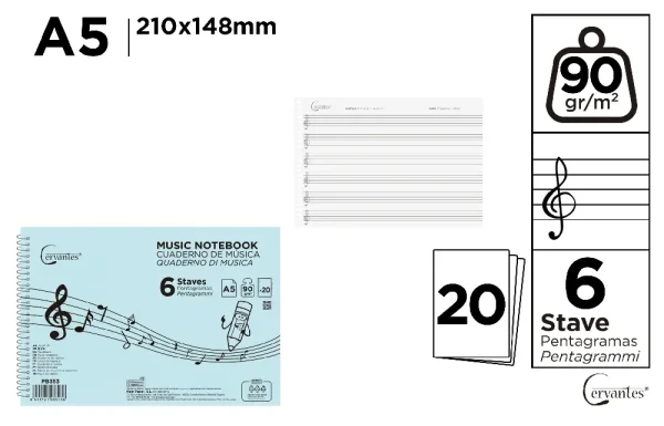 MUSIC NOTEBOOK, 6 STAVES A5 20 SHEETS 90