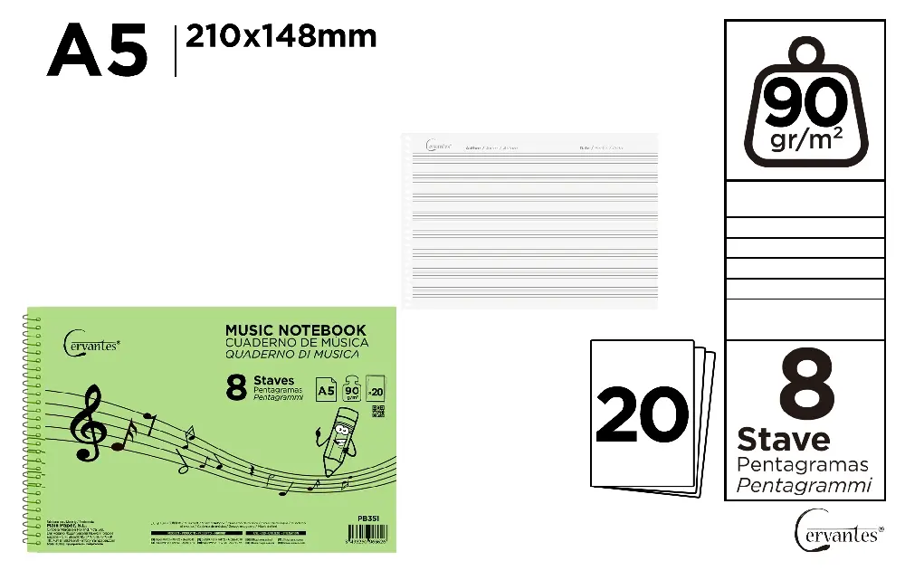 MUSIC NOTEBOOK, 8 STAVES A5 20 SHEETS 90
