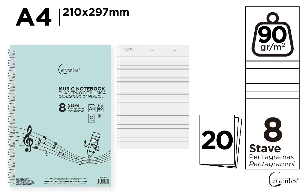 MUSIC NOTEBOOK, 4 STAVES A4 20 SHEETS 90