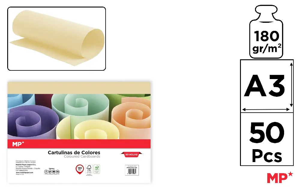 COLOURED CARDBOARD CARD A3 180 g/m² 50 u