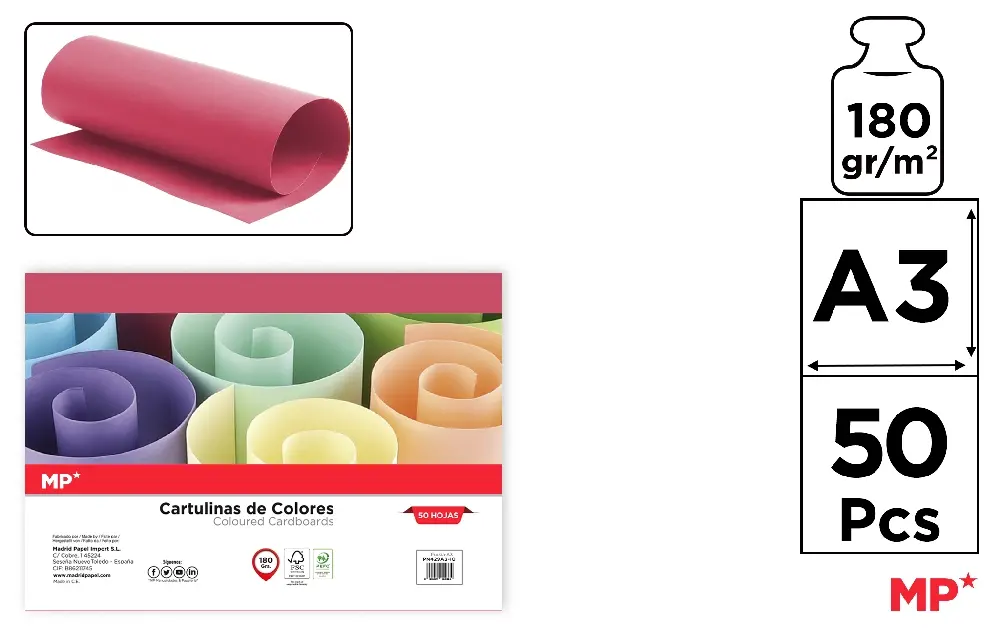 COLOURED CARDBOARD CARD A3 180 g/m² 50 u