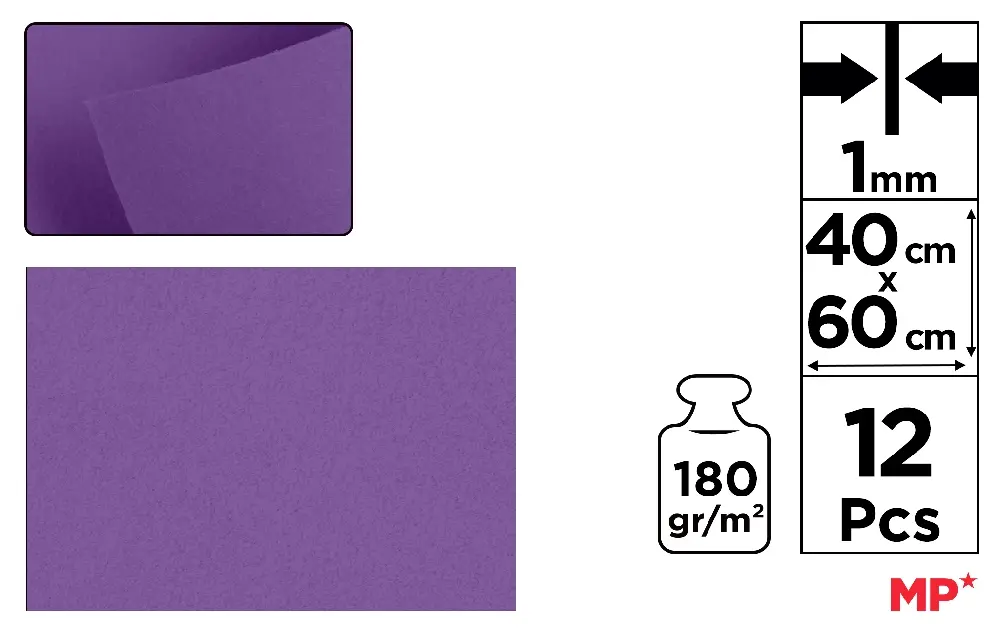 COLOURED FELT 40 x 60 cm 180 g/m² 12 u.